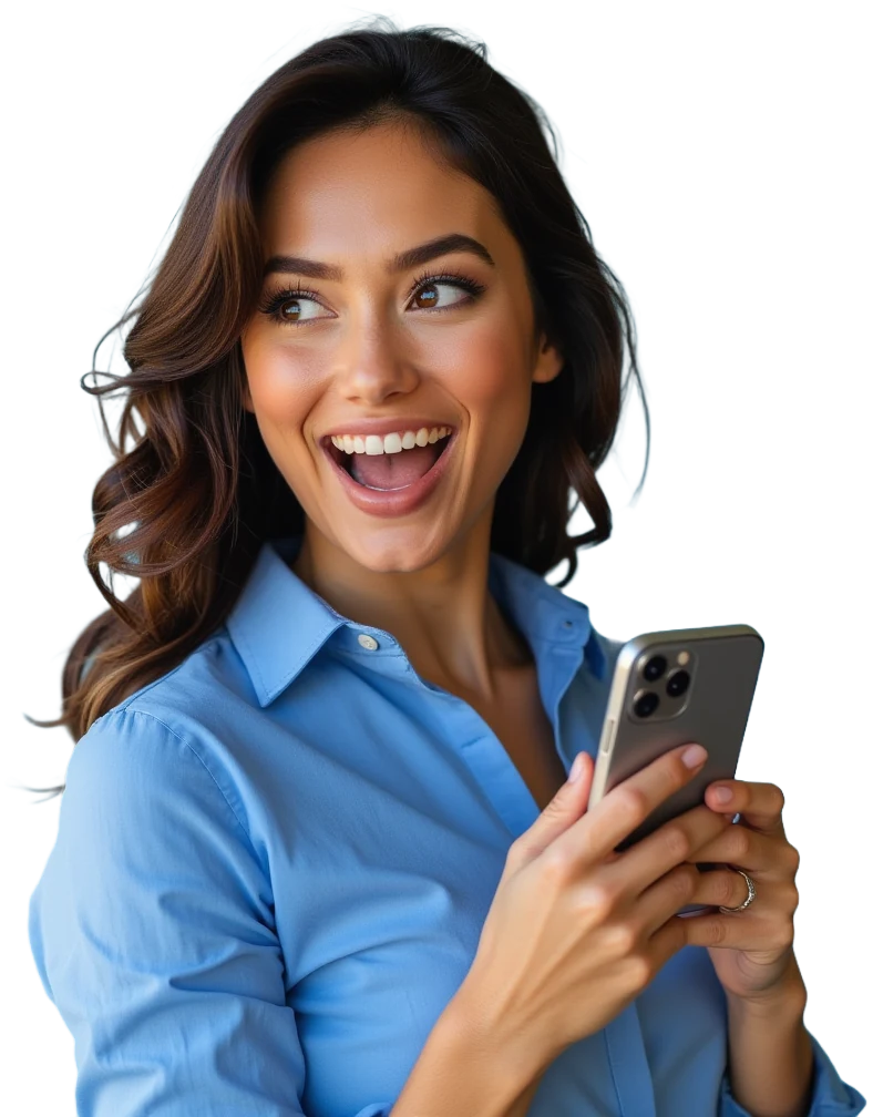 Mulher de camisa azul sorrindo com o celular na mão, imagem da marca TopX