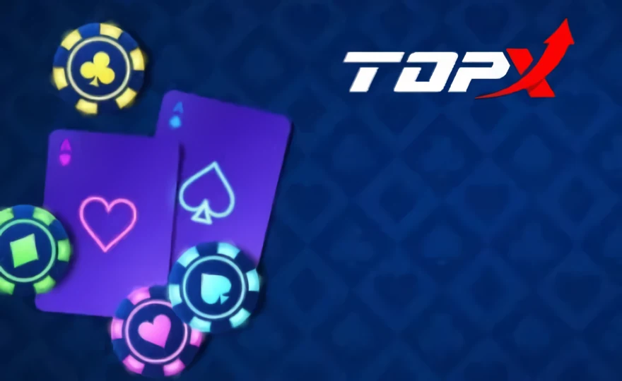 Cartas roxas e fichas sobre fundo azul, com o logotipo da TopX