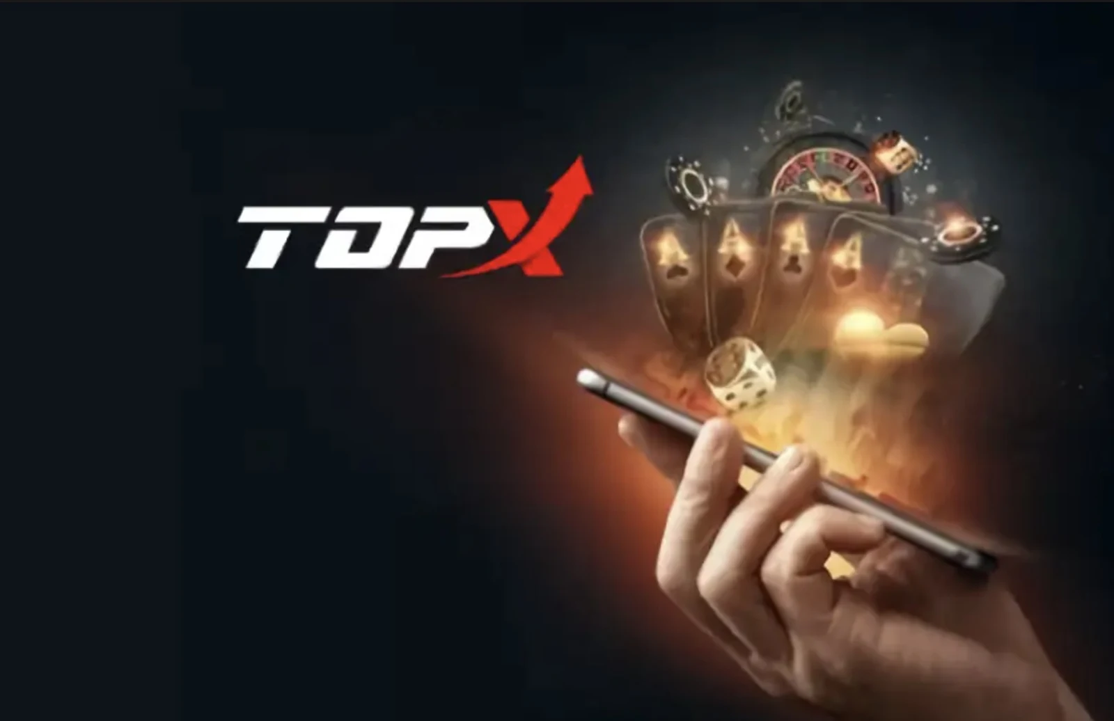 Celular na mão com cartas e fichas surgindo da tela, com o logotipo da TopX
