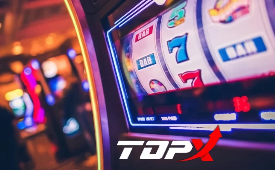 Máquina caça-níquel com rolos de sete em luz neon, com o logotipo da TopX